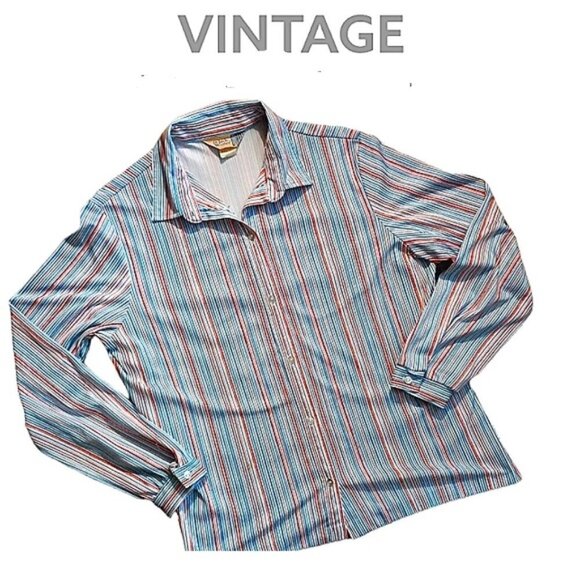 🏖️ 1970s VINTAGE Casual Button Front STRIPFD SHIRT - Picture 1 of 9